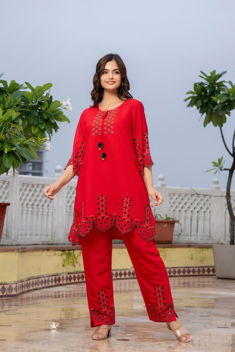 Red Embroidered Co-ord Set with Eyelet Details