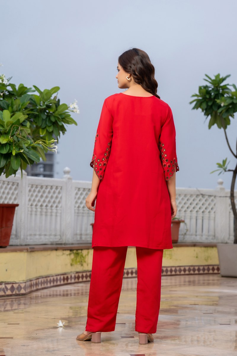 Red Embroidered Co-ord Set with Eyelet Details