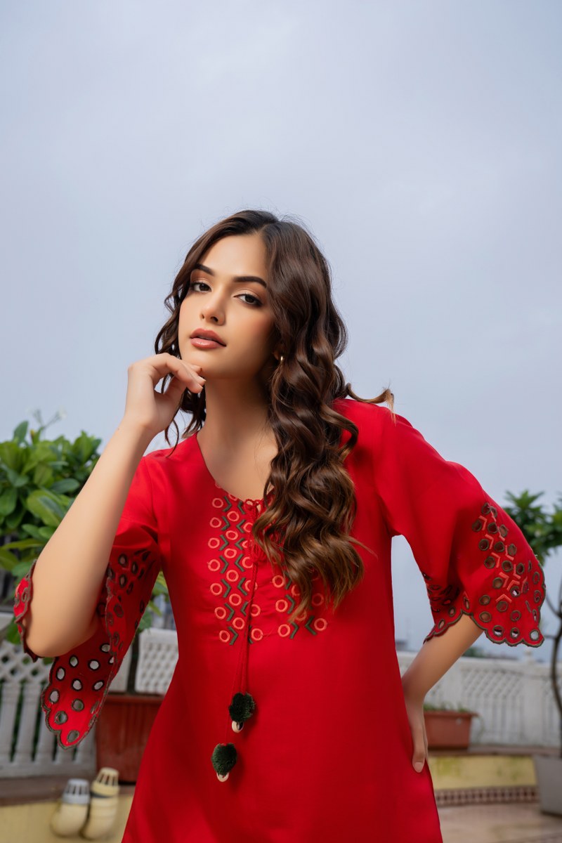 Red Embroidered Co-ord Set with Eyelet Details