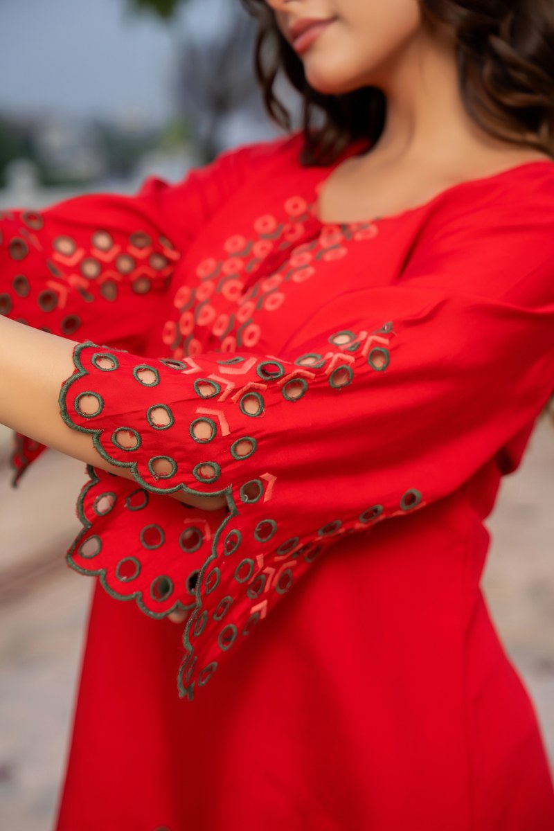 Red Embroidered Co-ord Set with Eyelet Details