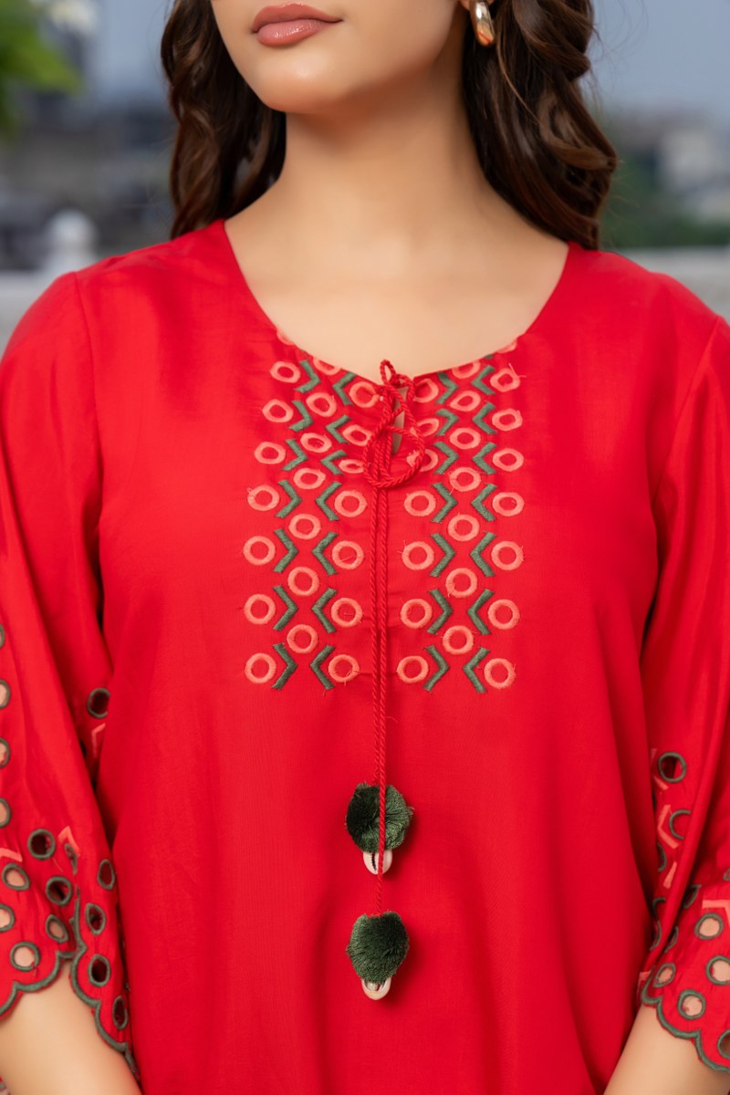 Red Embroidered Co-ord Set with Eyelet Details