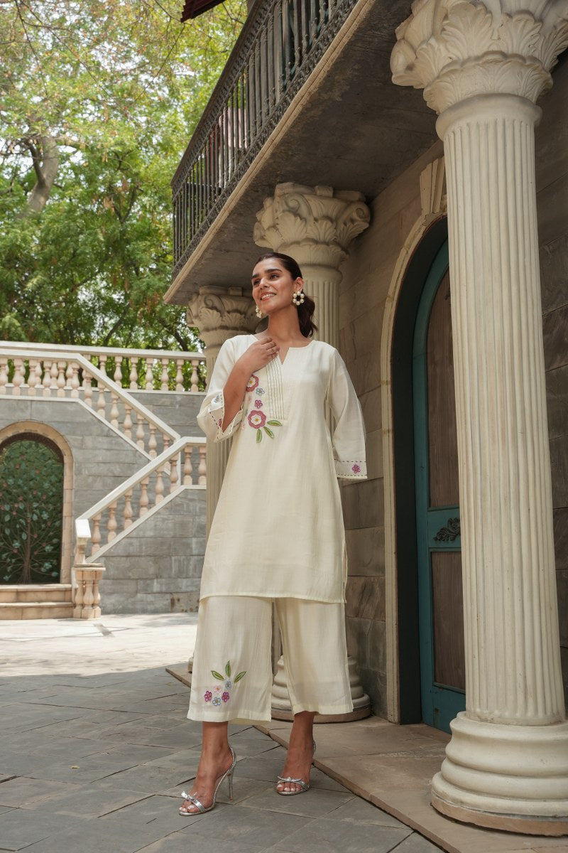 Diya roman silk cream embroidered co-ord set