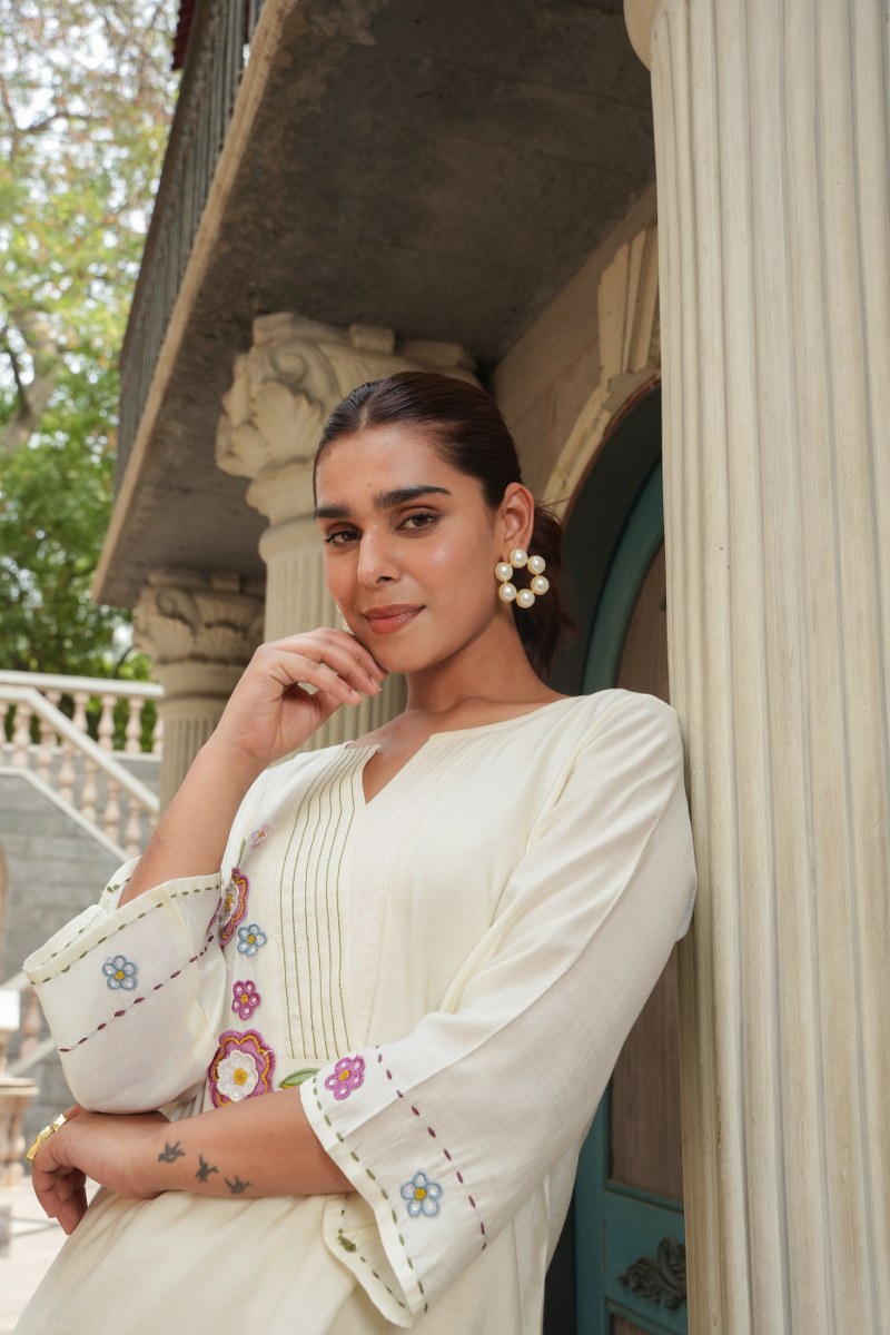 Diya roman silk cream embroidered co-ord set