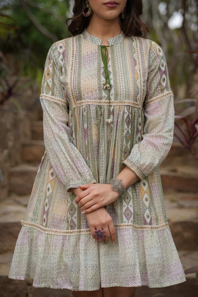 Nila cream-green Cotton printed short dress