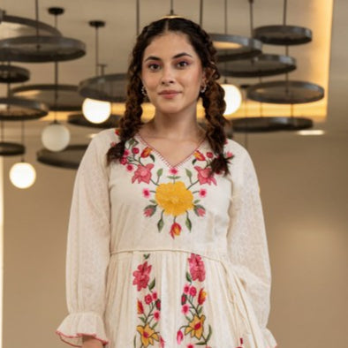 Misri Floral Off-White Cotton Short Dress