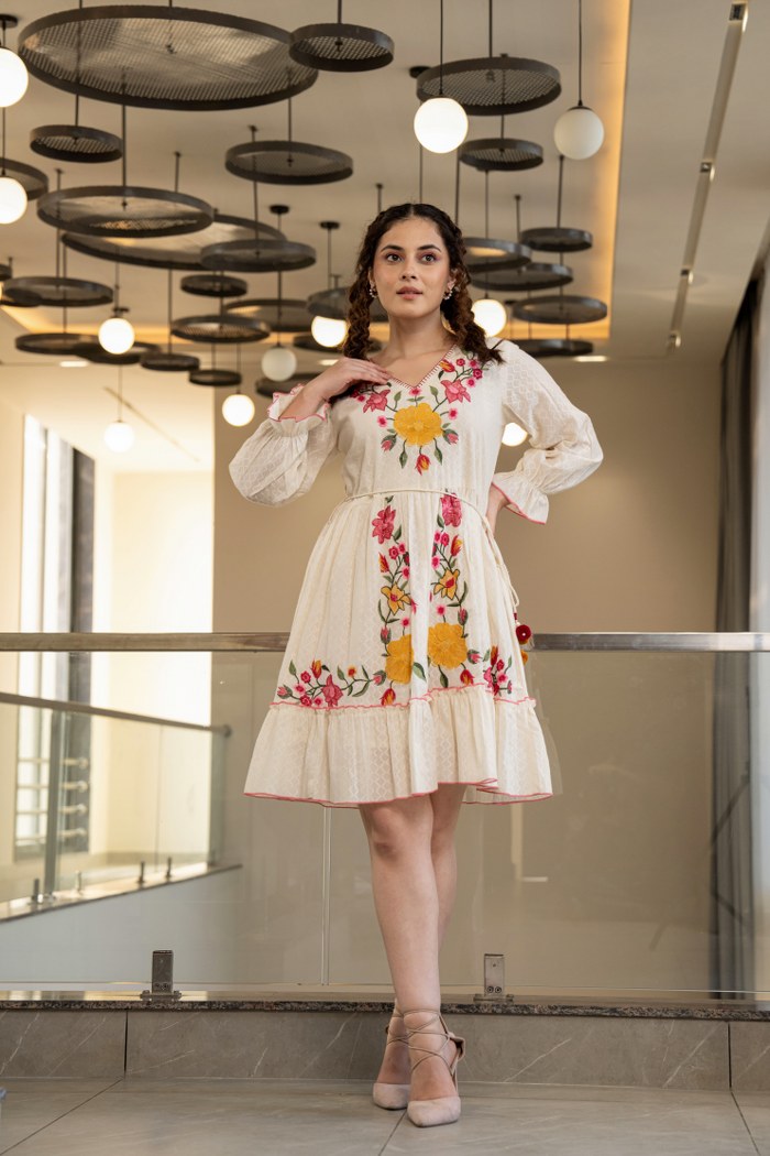 Misri Floral Off-White Cotton Short Dress