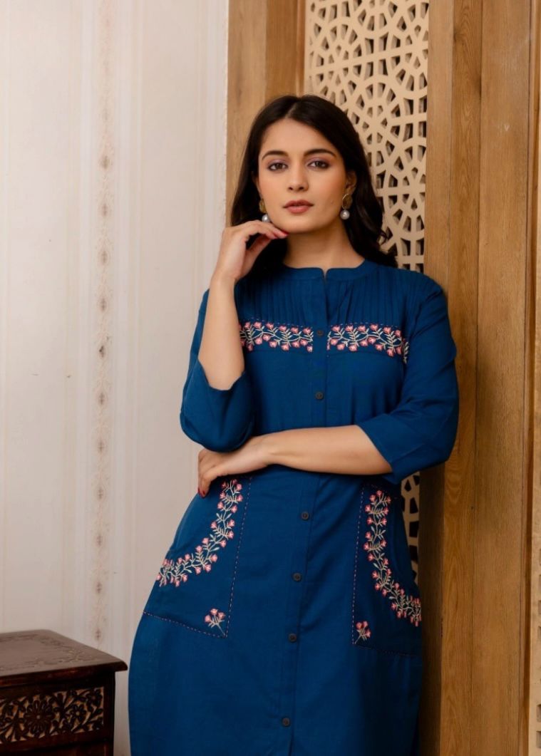 Priya Blue Cotton Embroidered Co-ord Set