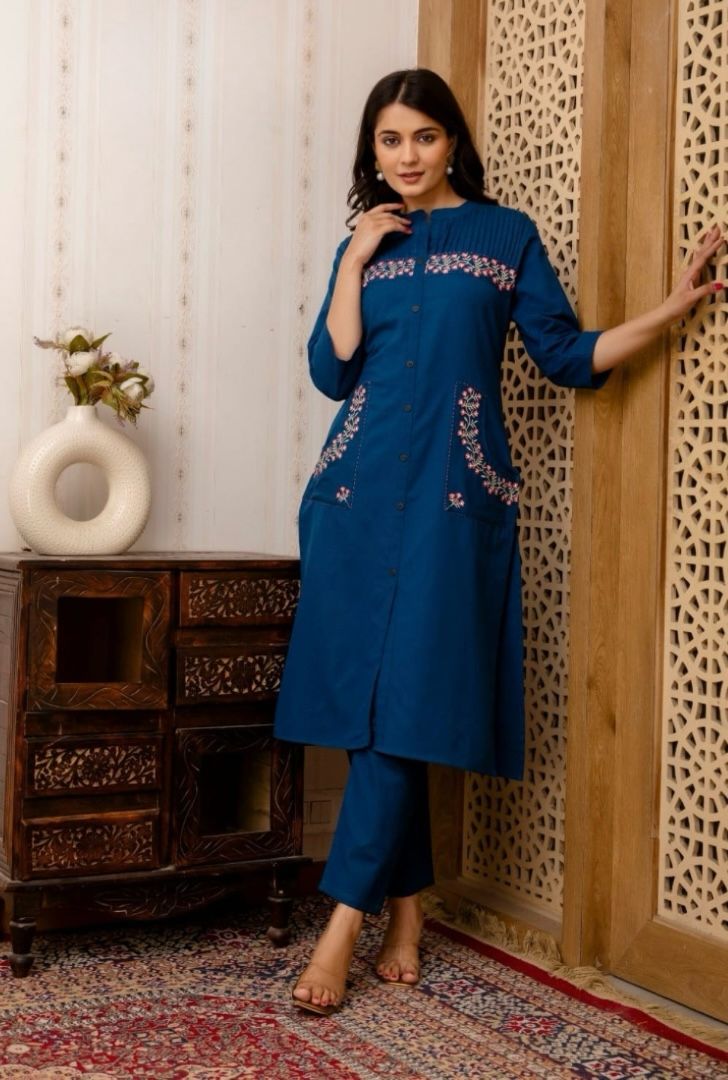Priya Blue Cotton Embroidered Co-ord Set