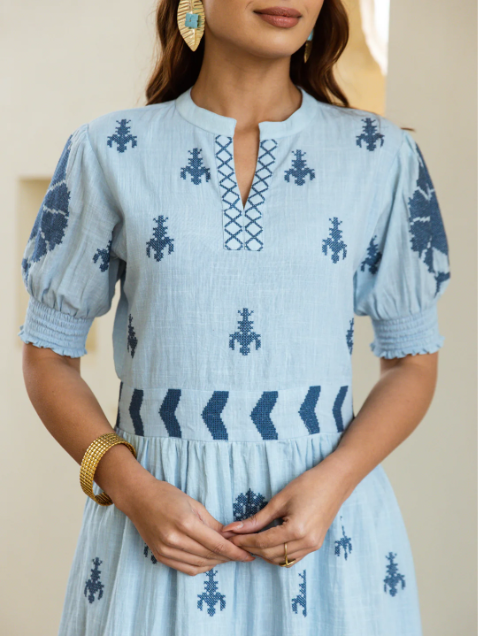 Autumn blue mul-cotton embroidery dress