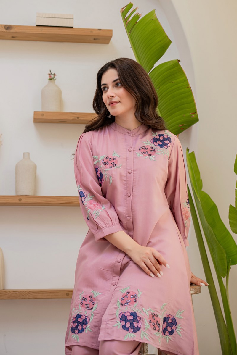 Bina roman silk light pink embroidered co-ord set