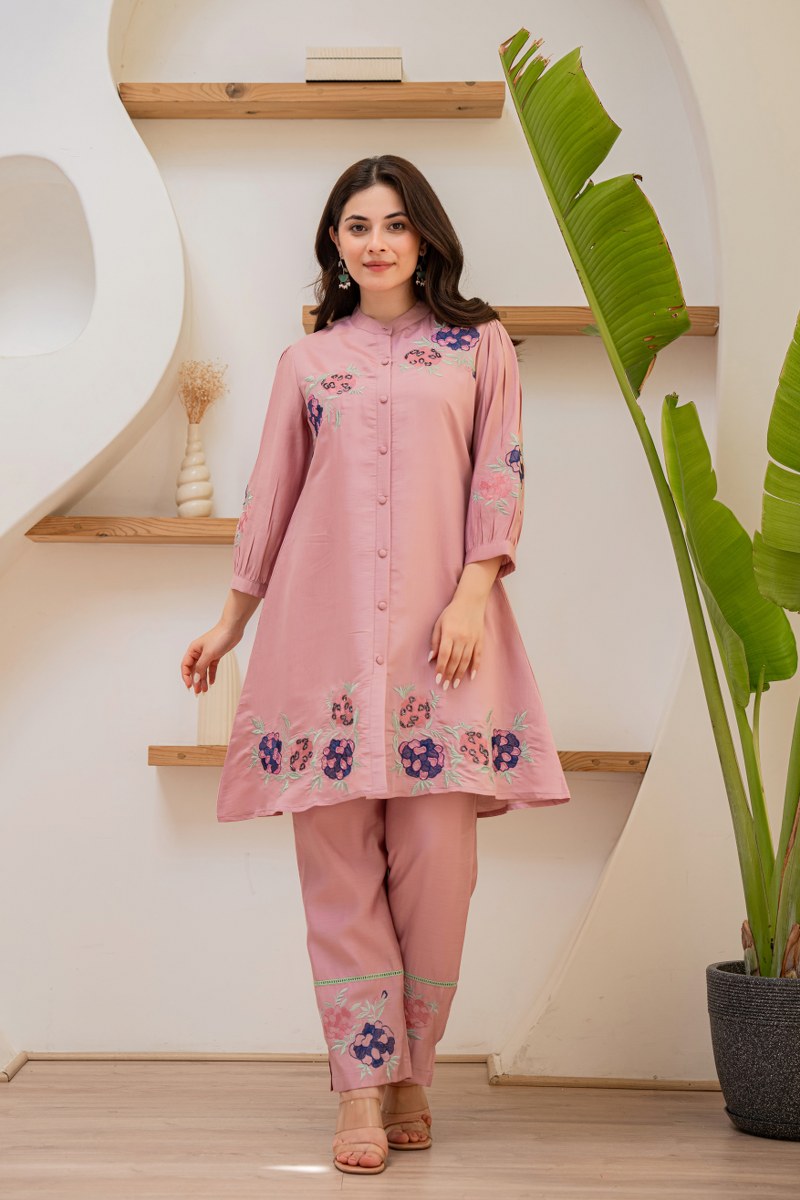 Bina roman silk light pink embroidered co-ord set