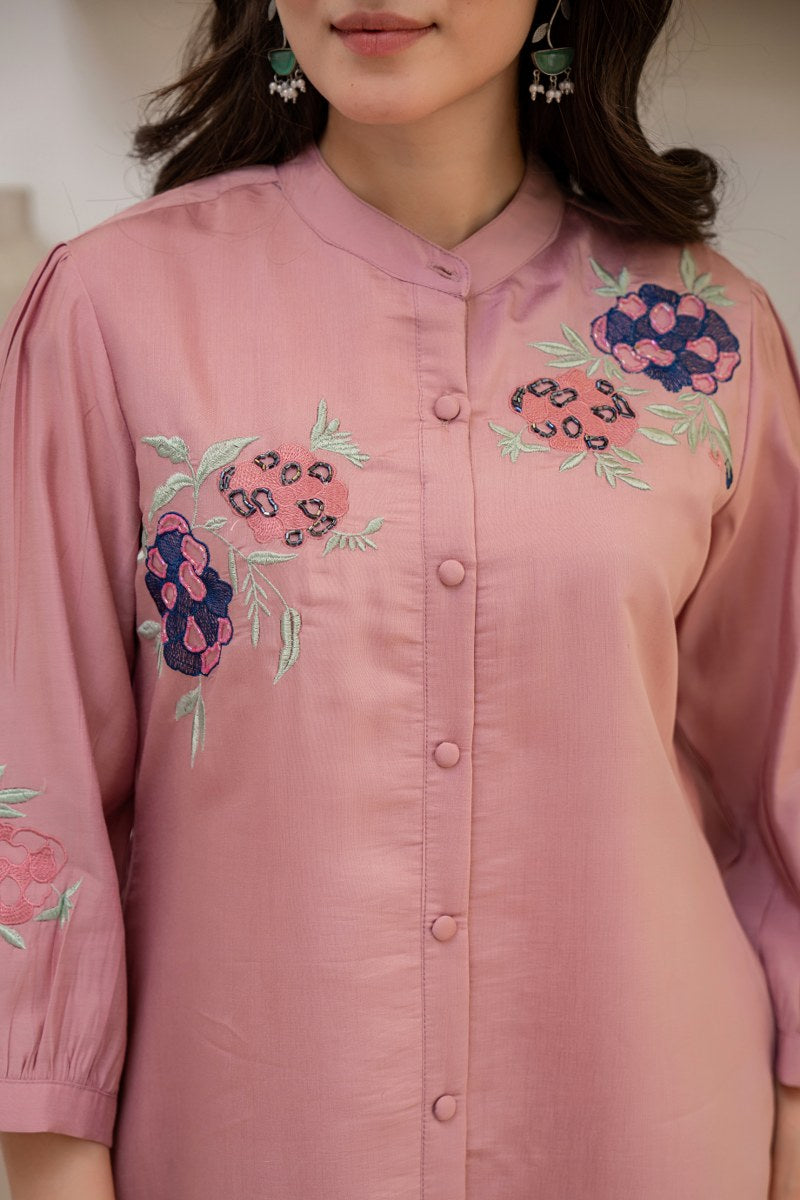 Bina roman silk light pink embroidered co-ord set