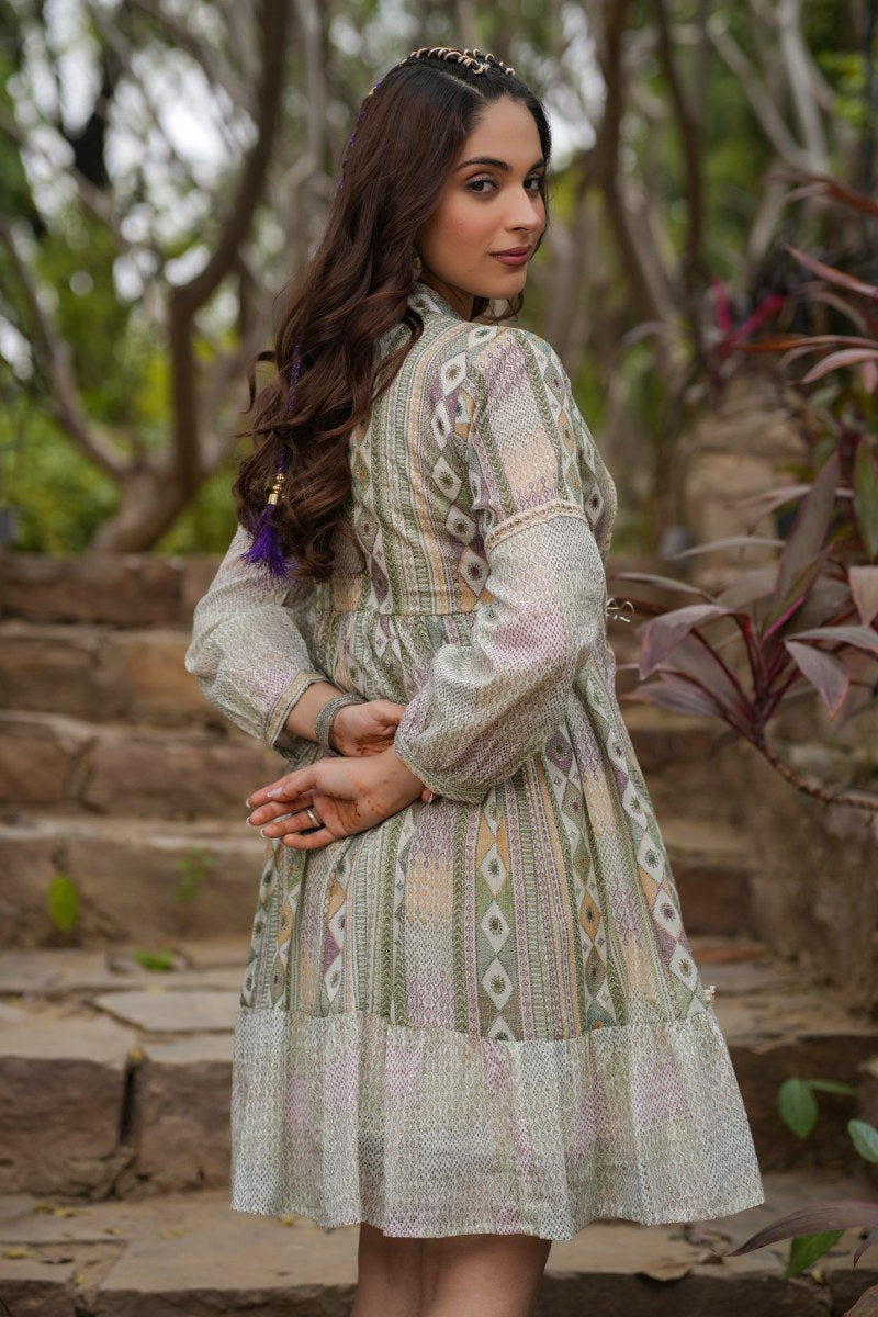 Nila cream-green Cotton printed short dress