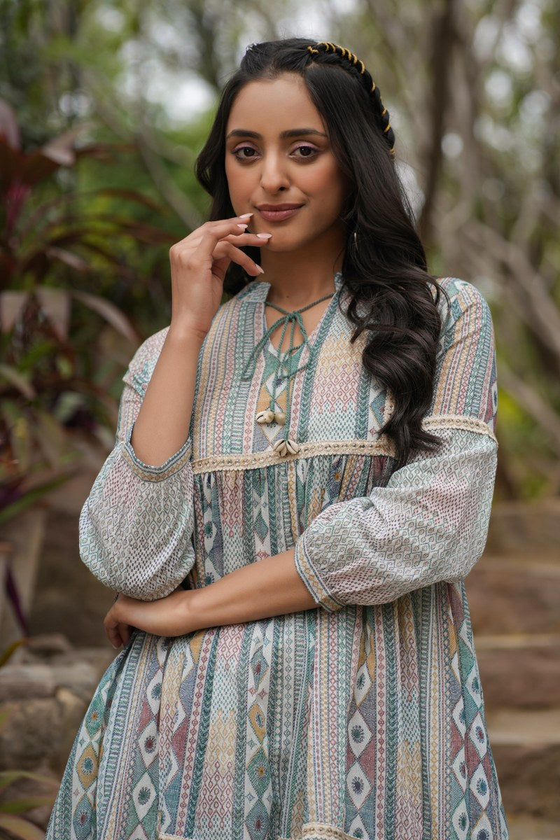 Nila cream-green Cotton printed short dress