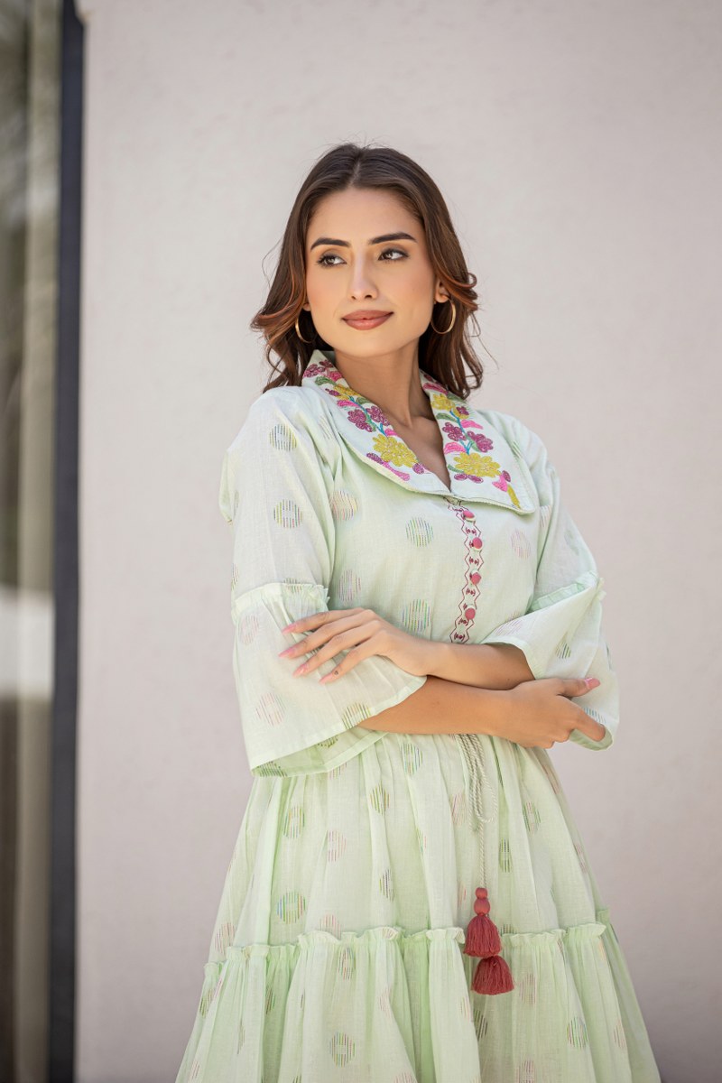 Ila sea-green cotton collared short dress