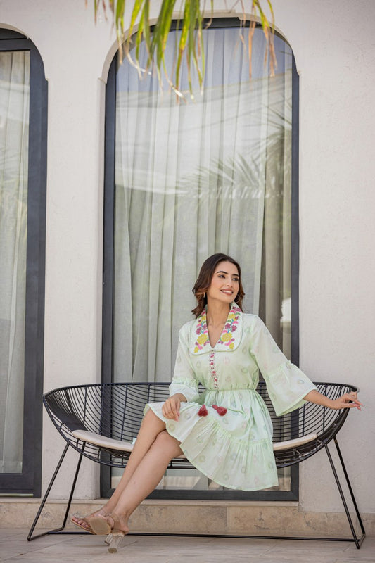 Ila sea-green cotton collared short dress
