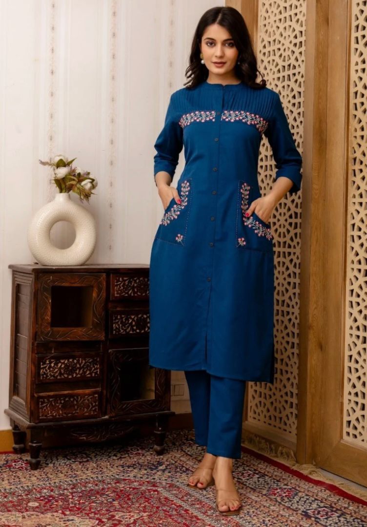 Priya Blue Cotton Embroidered Co-ord Set