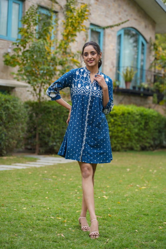 Rina Blue mul-cotton embroidered short dress