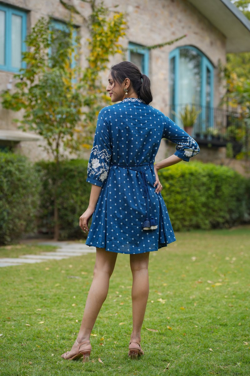 Rina Blue mul-cotton embroidered short dress